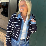 Navy Stripe Knit & Denim Cardigan Tops- Cardigans Mable