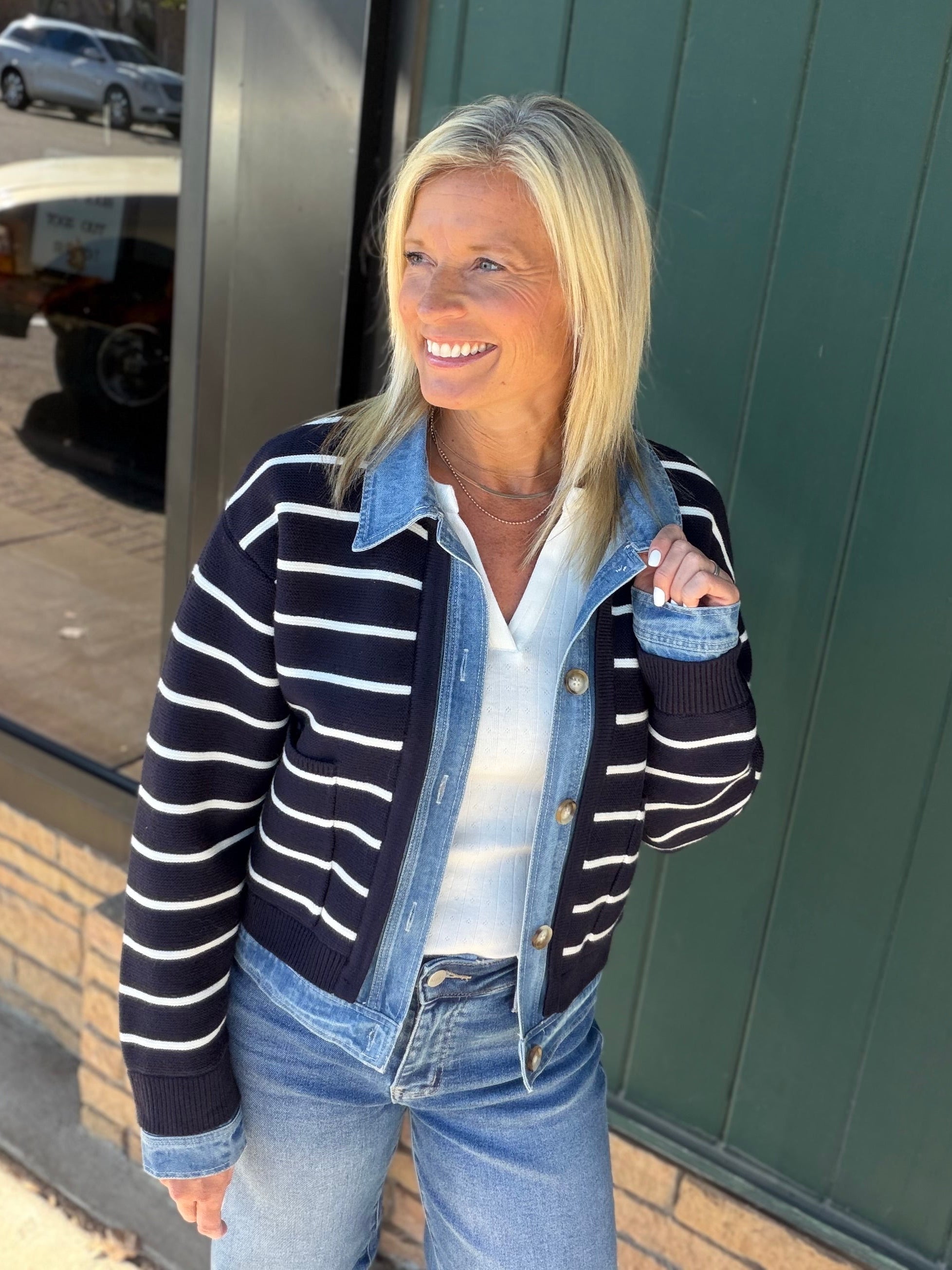Navy Stripe Knit & Denim Cardigan Tops- Cardigans Mable
