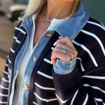 Navy Stripe Knit & Denim Cardigan Tops- Cardigans Mable