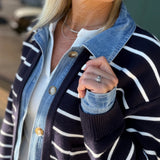 Navy Stripe Knit & Denim Cardigan Tops- Cardigans Mable