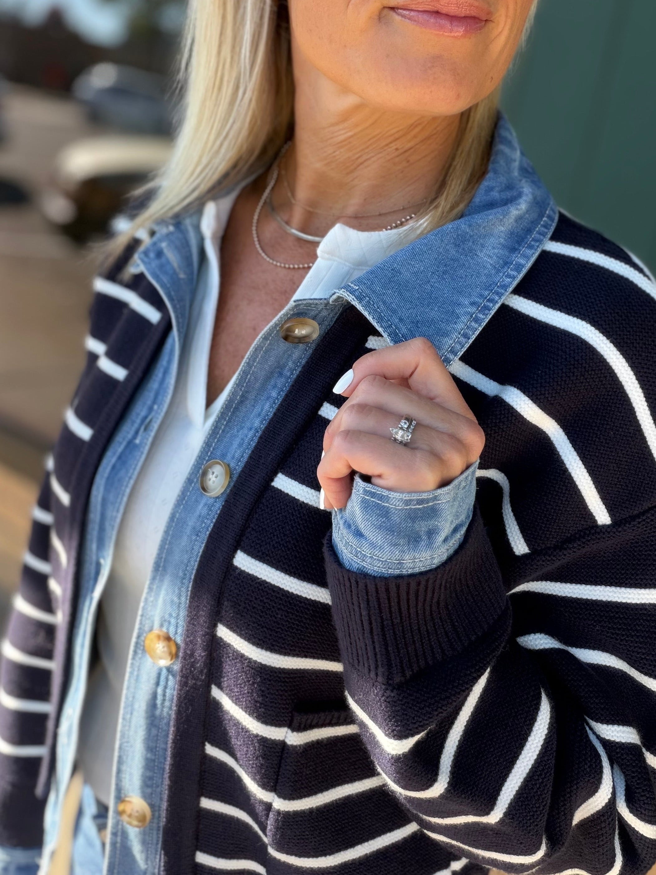 Navy Stripe Knit & Denim Cardigan Tops- Cardigans Mable