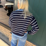 Navy Stripe Knit & Denim Cardigan Tops- Cardigans Mable