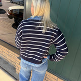 Navy Stripe Knit & Denim Cardigan Tops- Cardigans Mable