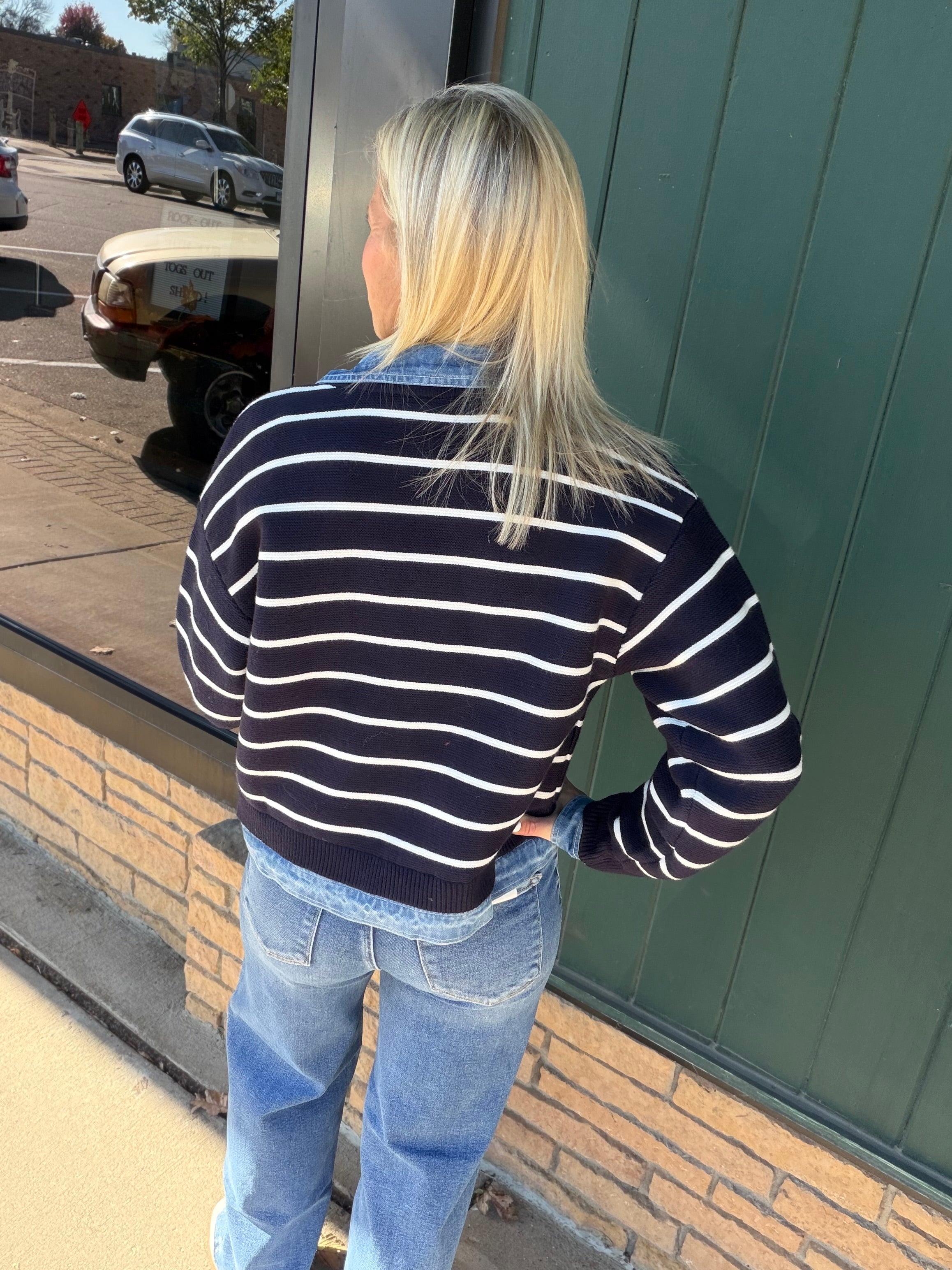 Navy Stripe Knit & Denim Cardigan Tops- Cardigans Mable