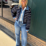 Navy Stripe Knit & Denim Cardigan Tops- Cardigans Mable