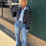 Navy Stripe Knit & Denim Cardigan Tops- Cardigans Mable