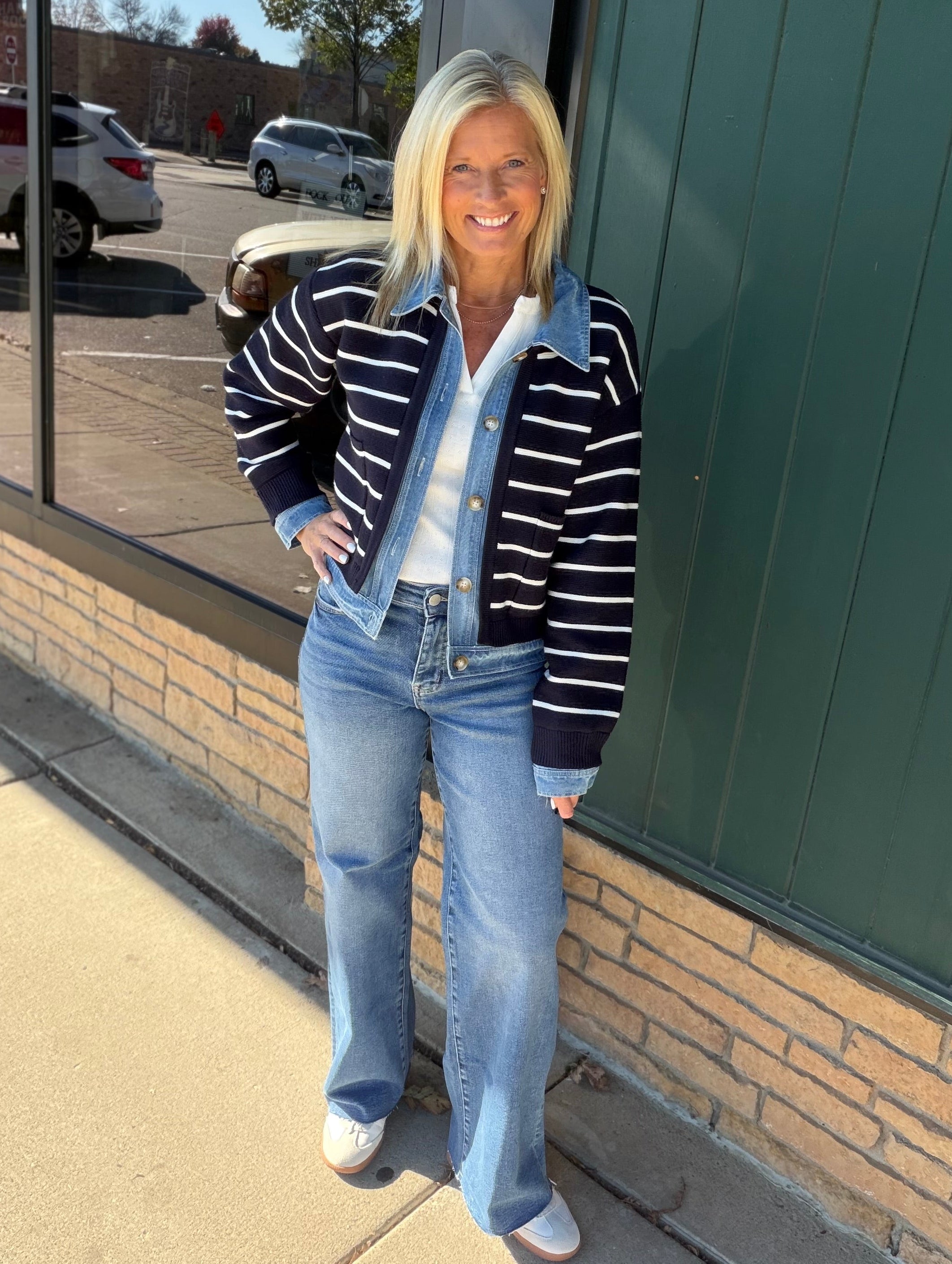 Navy Stripe Knit & Denim Cardigan Tops- Cardigans Mable