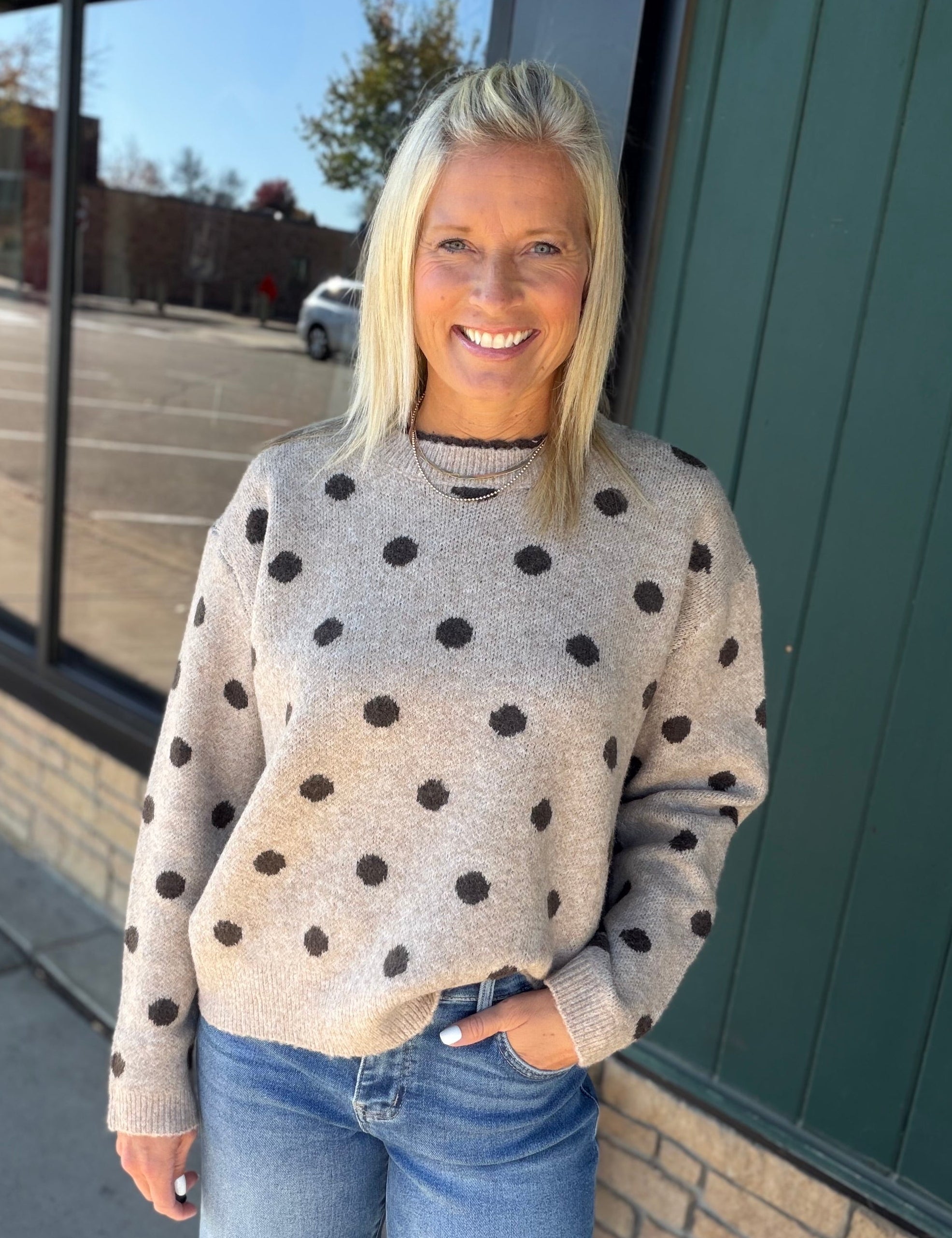 Mocha Polka Dot Lace Trim Sweater Top - Sweater Mable
