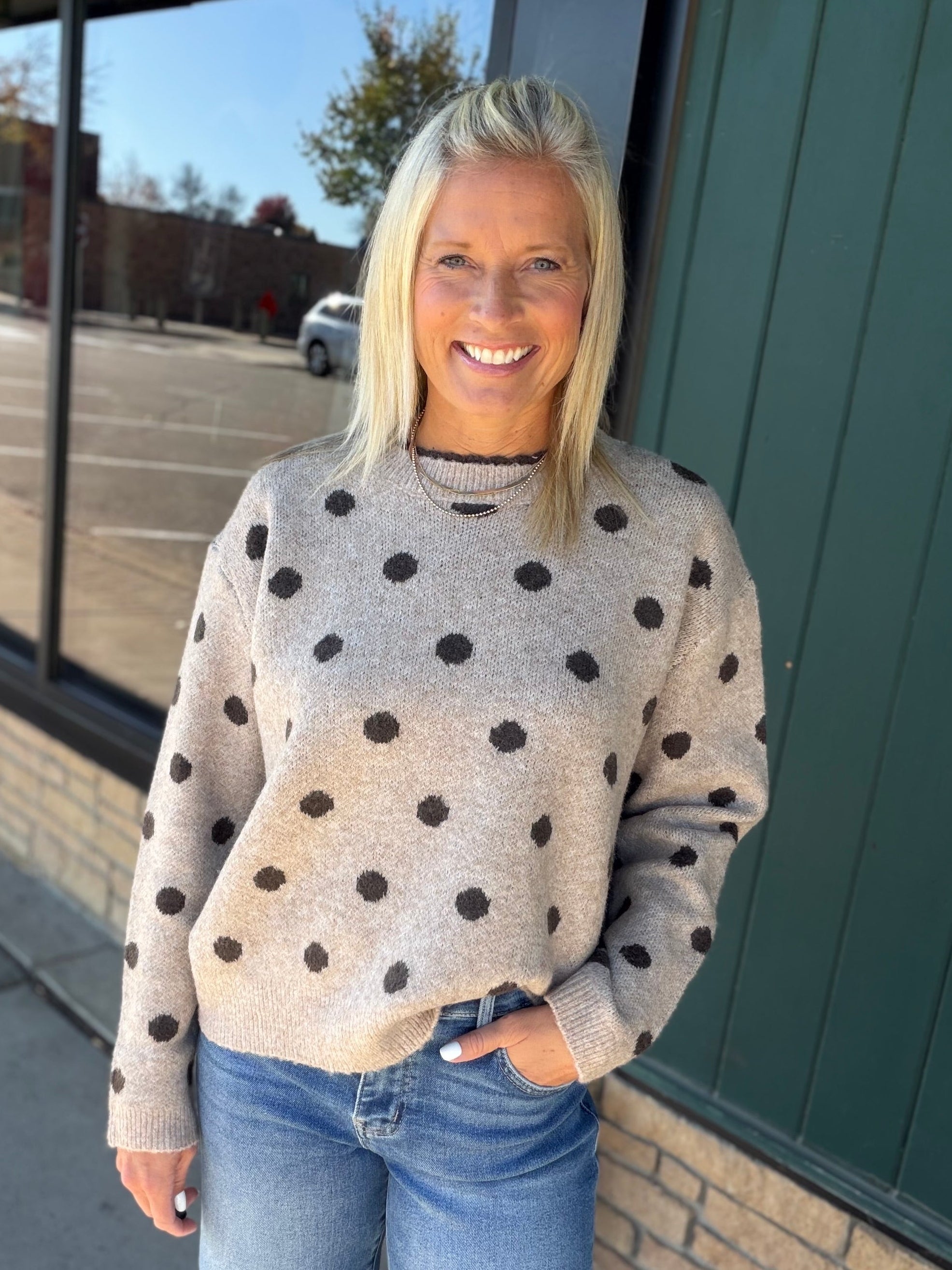 Mocha Polka Dot Lace Trim Sweater Top - Sweater Mable