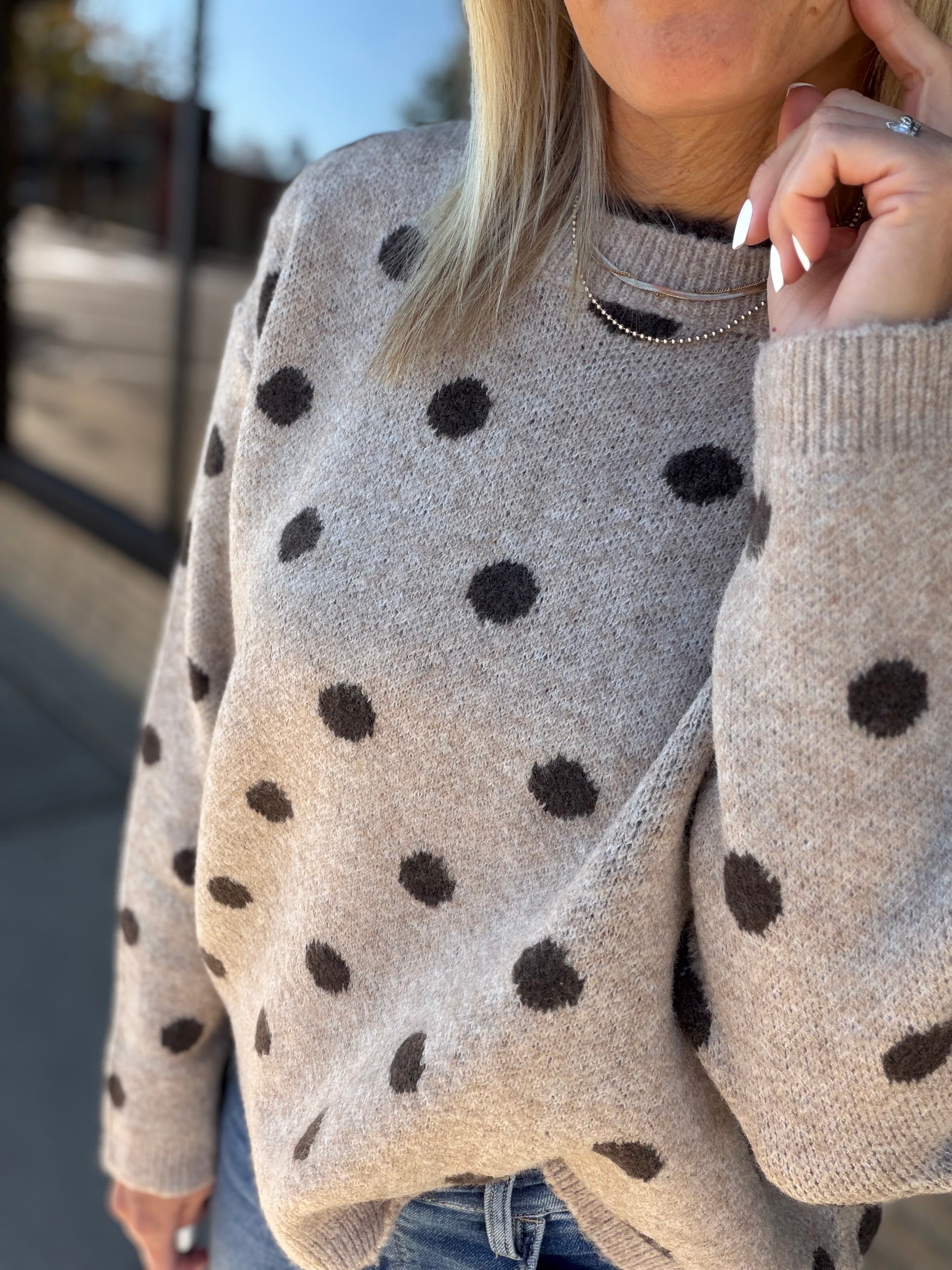 Mocha Polka Dot Lace Trim Sweater Top - Sweater Mable