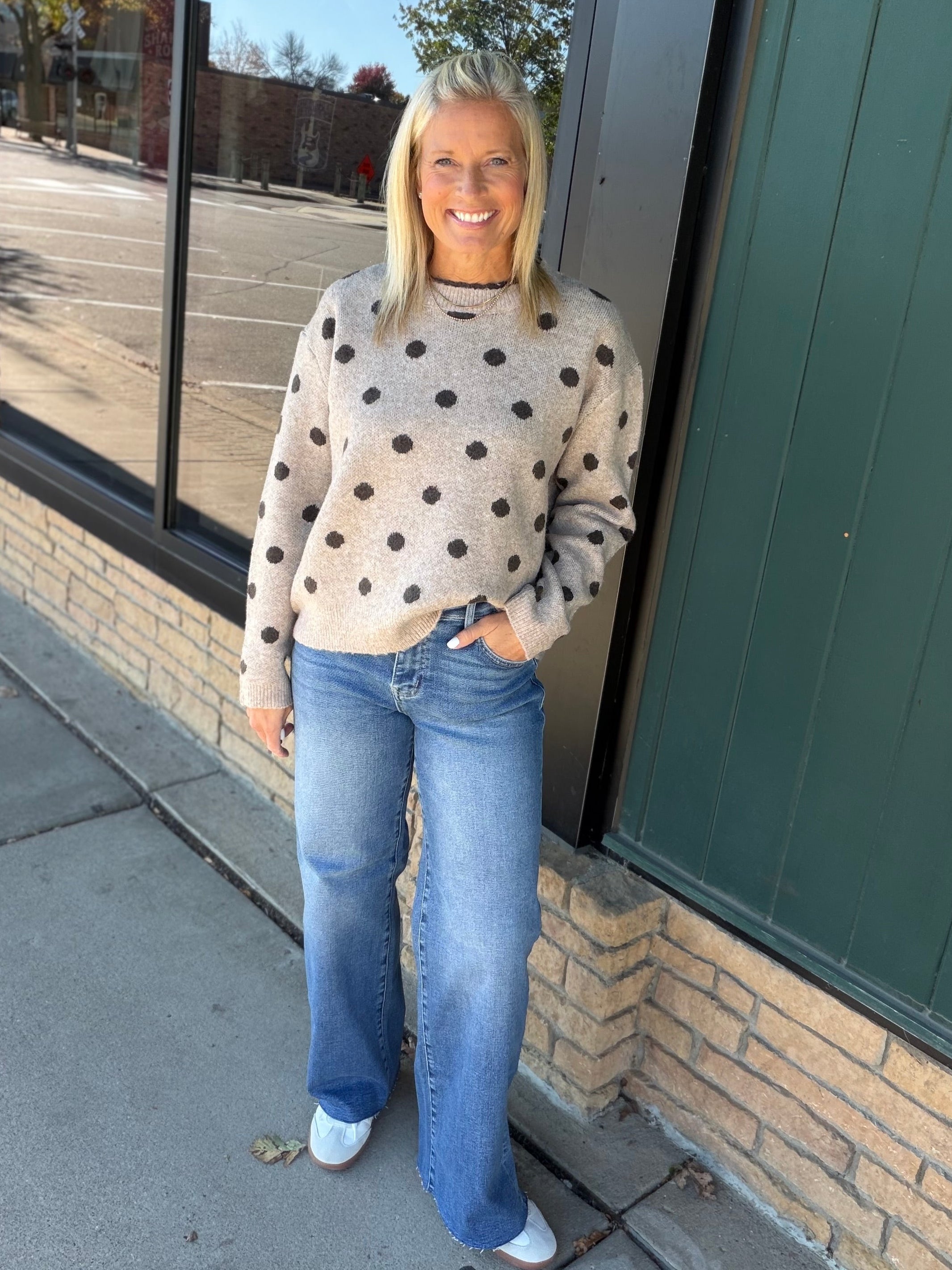 Mocha Polka Dot Lace Trim Sweater Top - Sweater Mable
