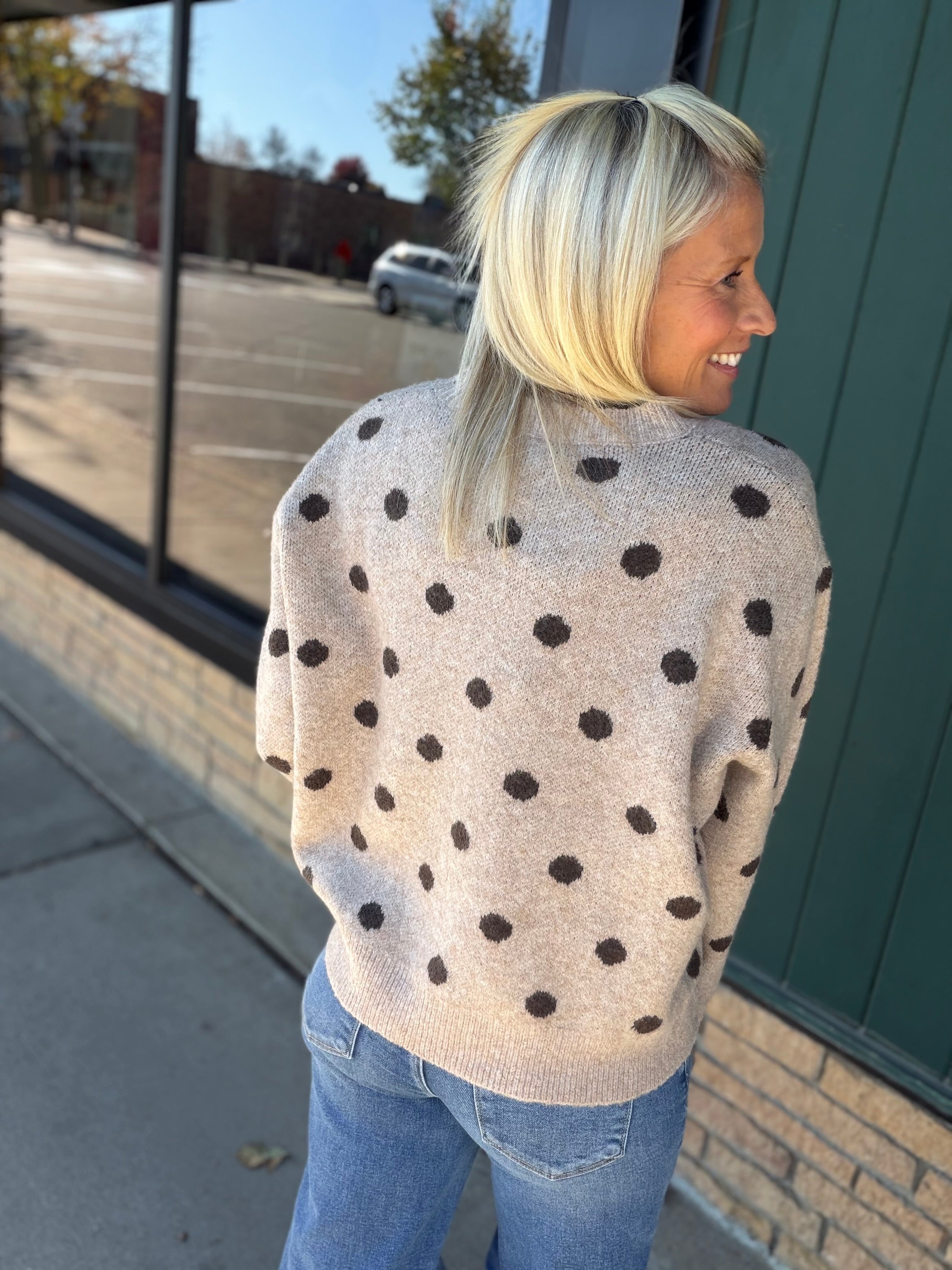 Mocha Polka Dot Lace Trim Sweater Top - Sweater Mable