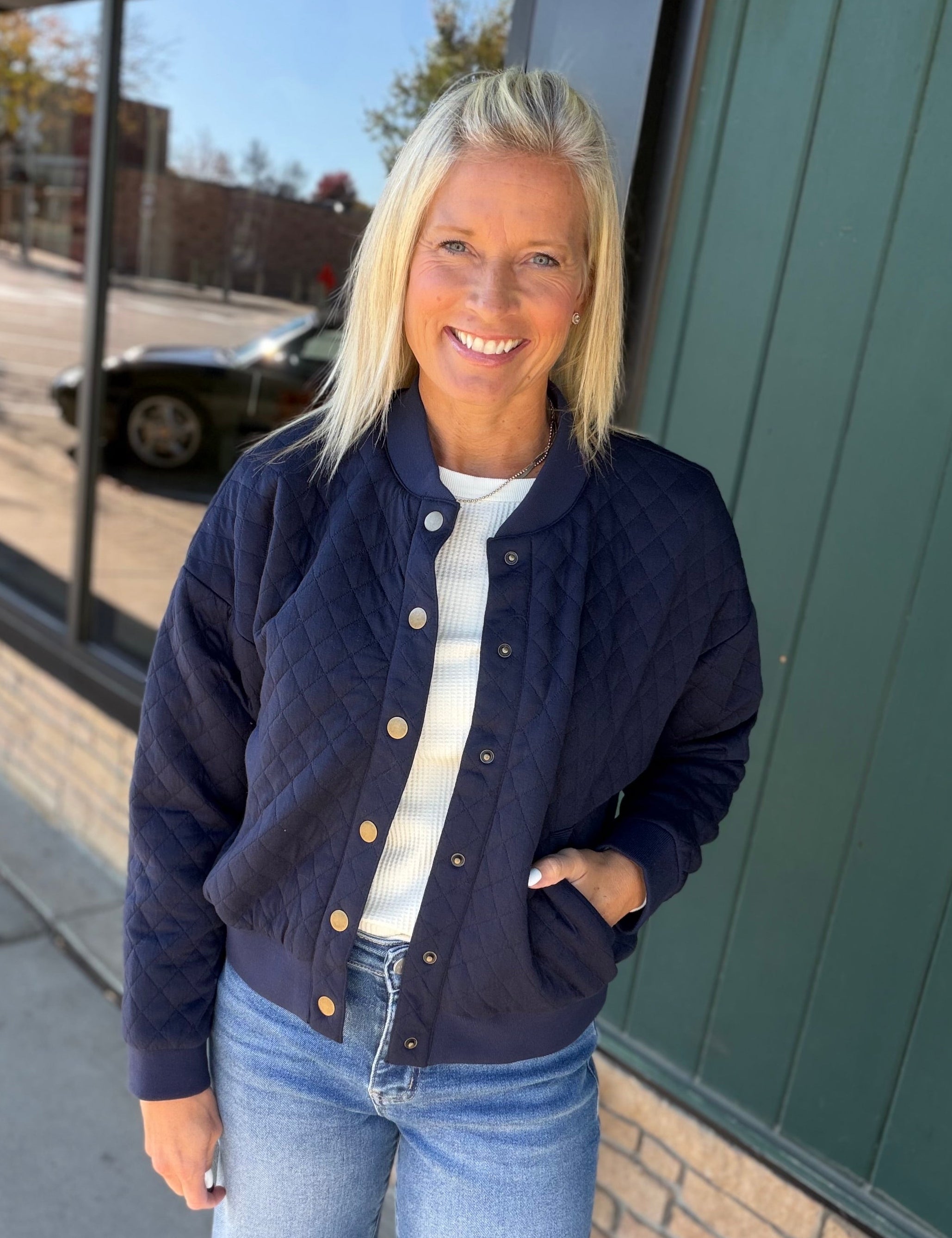 Navy Hallie Quilted Knit Bomber Jacket Outerwear- Jackets FLAG AND ANTHEM