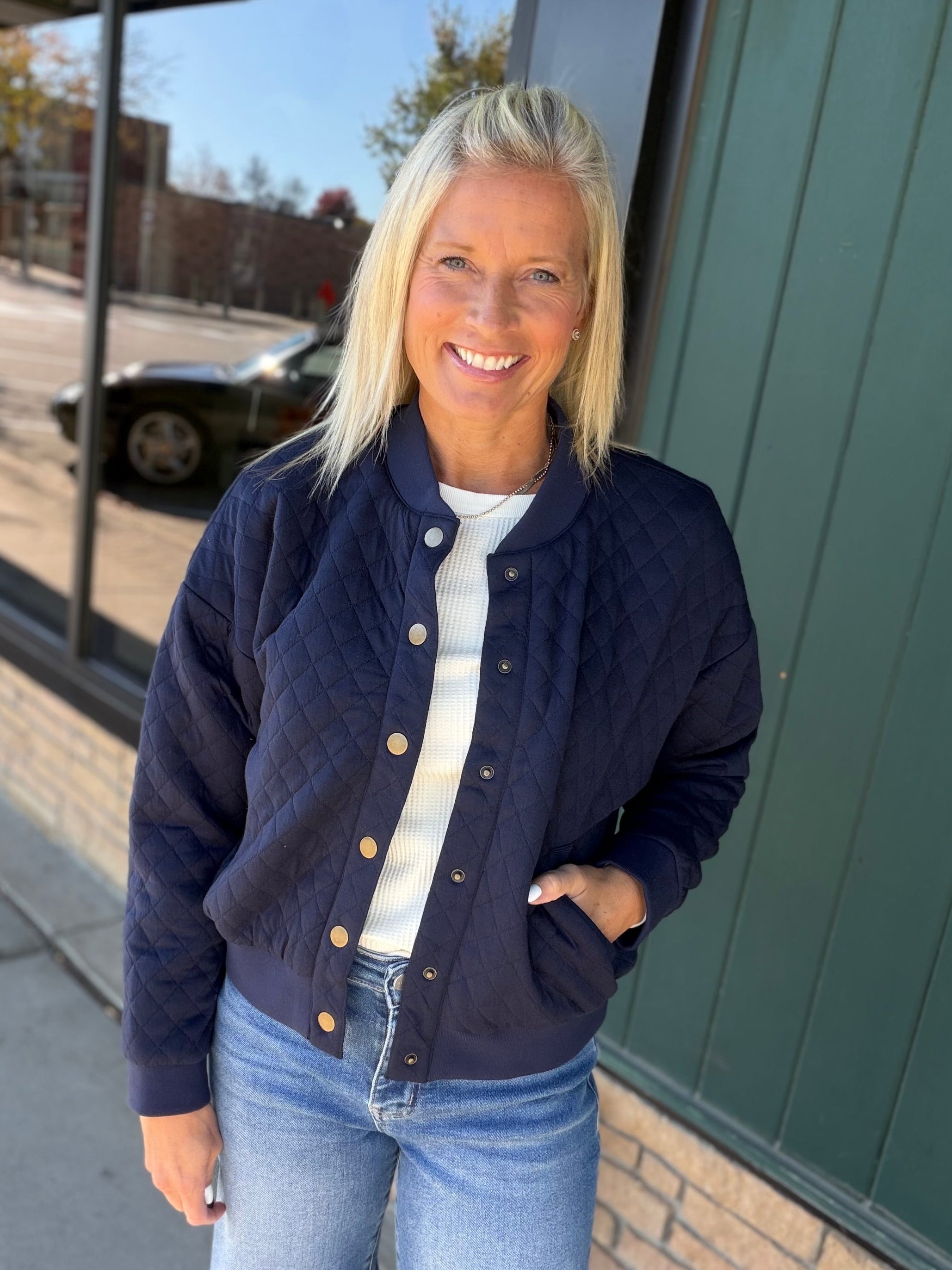 Navy Hallie Quilted Knit Bomber Jacket Outerwear- Jackets FLAG AND ANTHEM