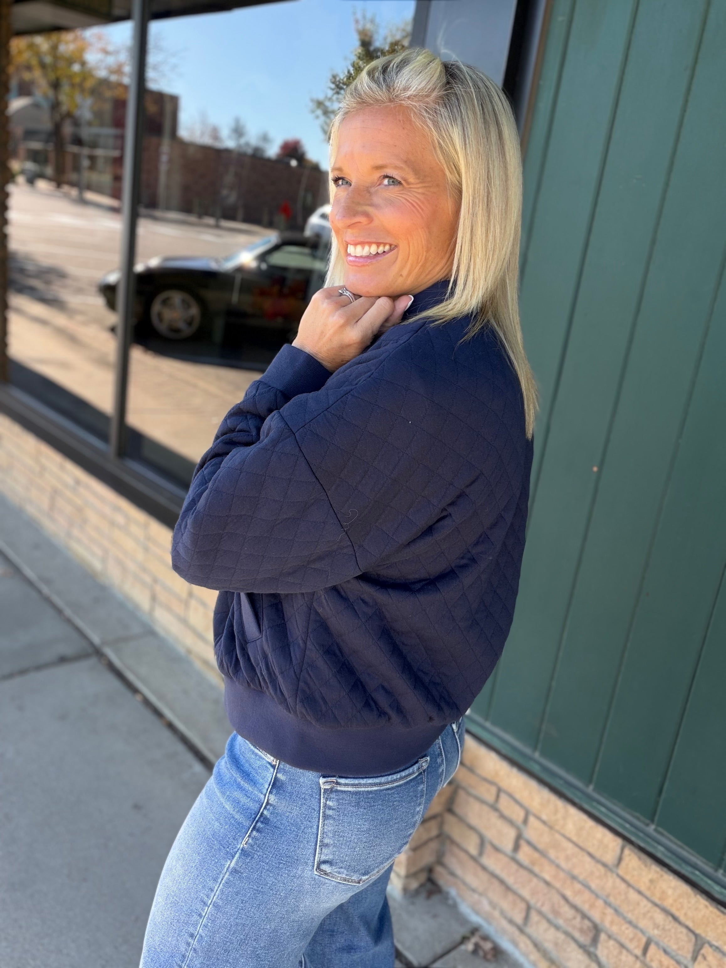Navy Hallie Quilted Knit Bomber Jacket Outerwear- Jackets FLAG AND ANTHEM