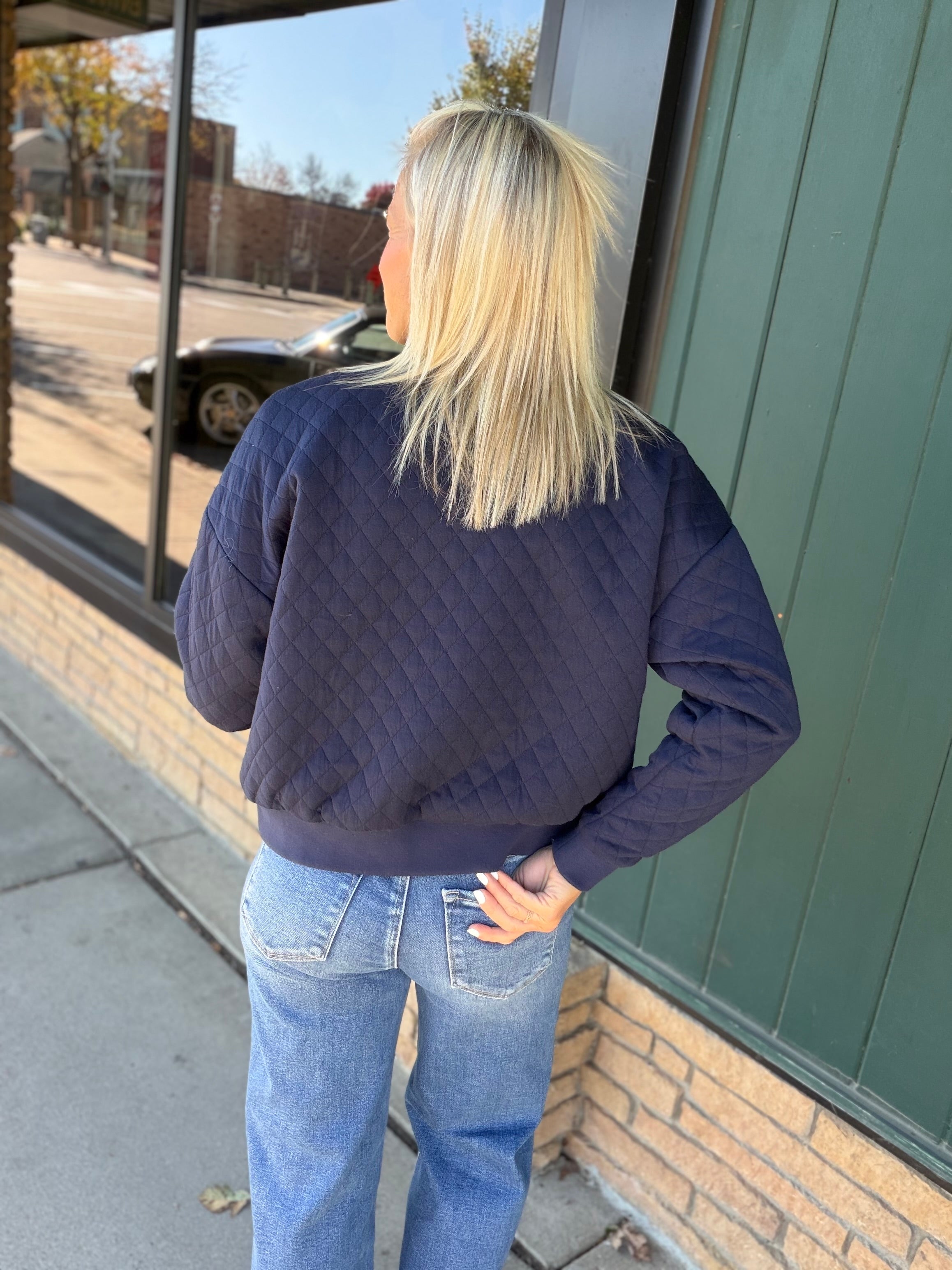 Navy Hallie Quilted Knit Bomber Jacket Outerwear- Jackets FLAG AND ANTHEM