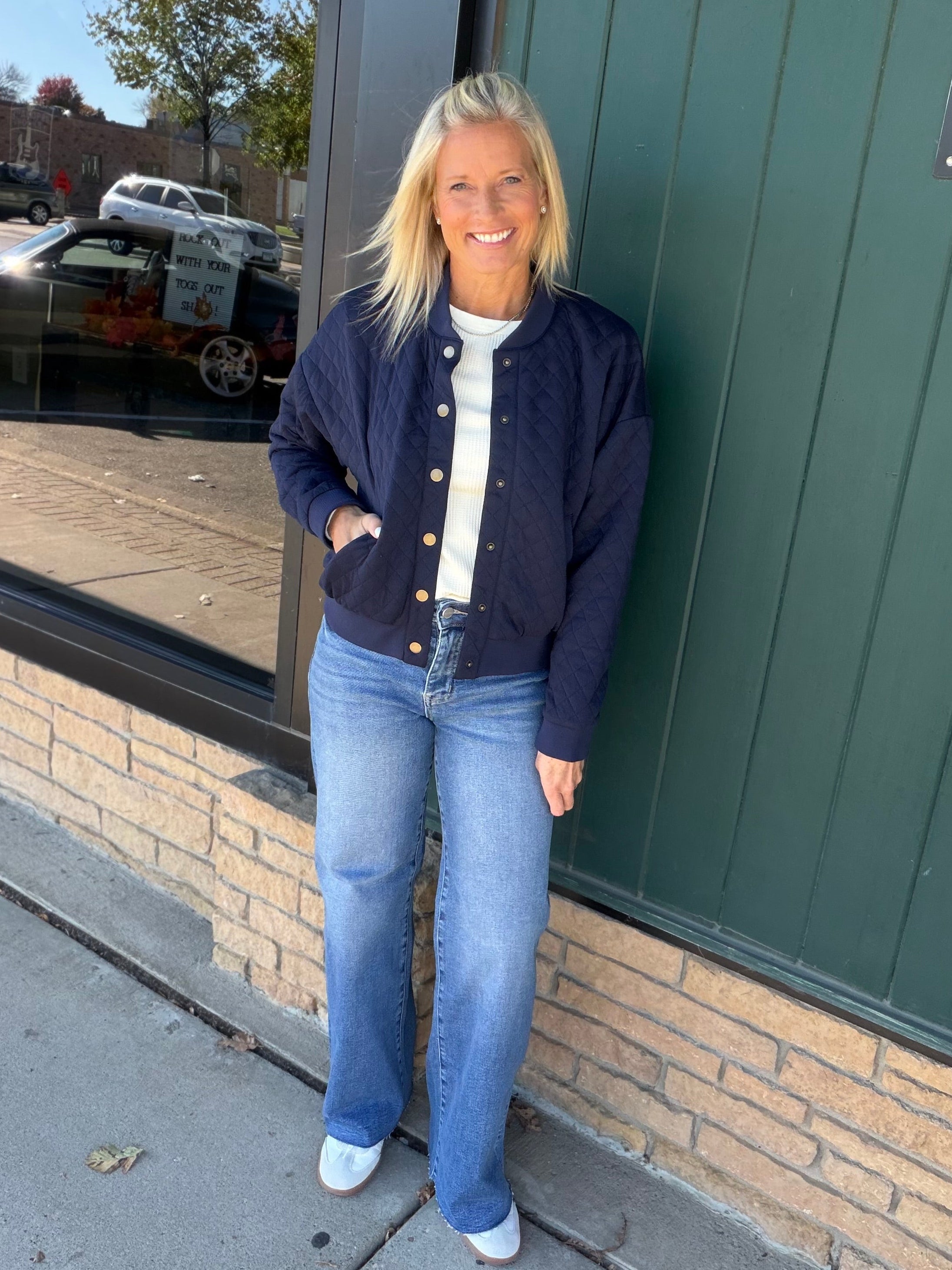 Navy Hallie Quilted Knit Bomber Jacket Outerwear- Jackets FLAG AND ANTHEM