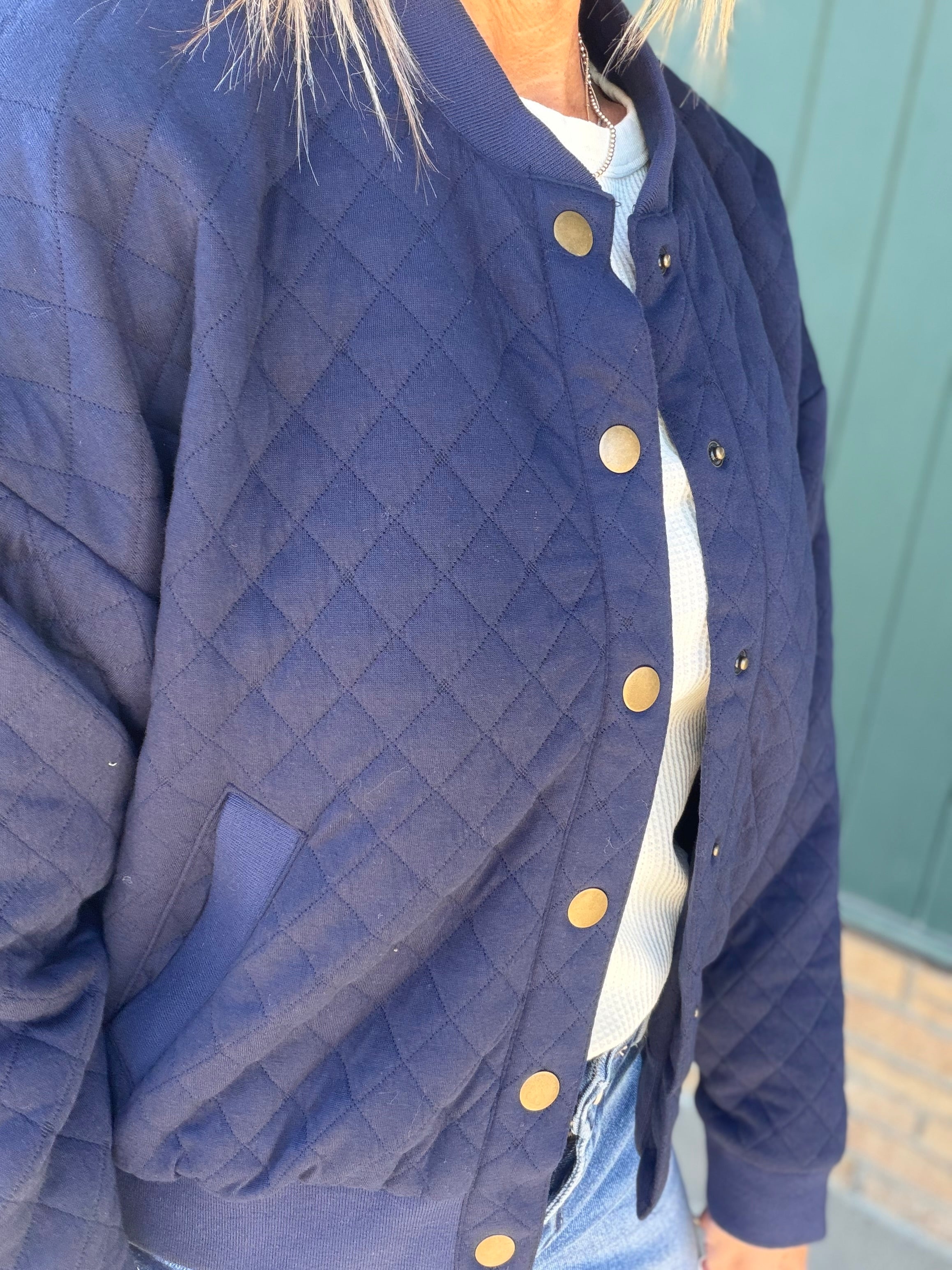 Navy Hallie Quilted Knit Bomber Jacket Outerwear- Jackets FLAG AND ANTHEM