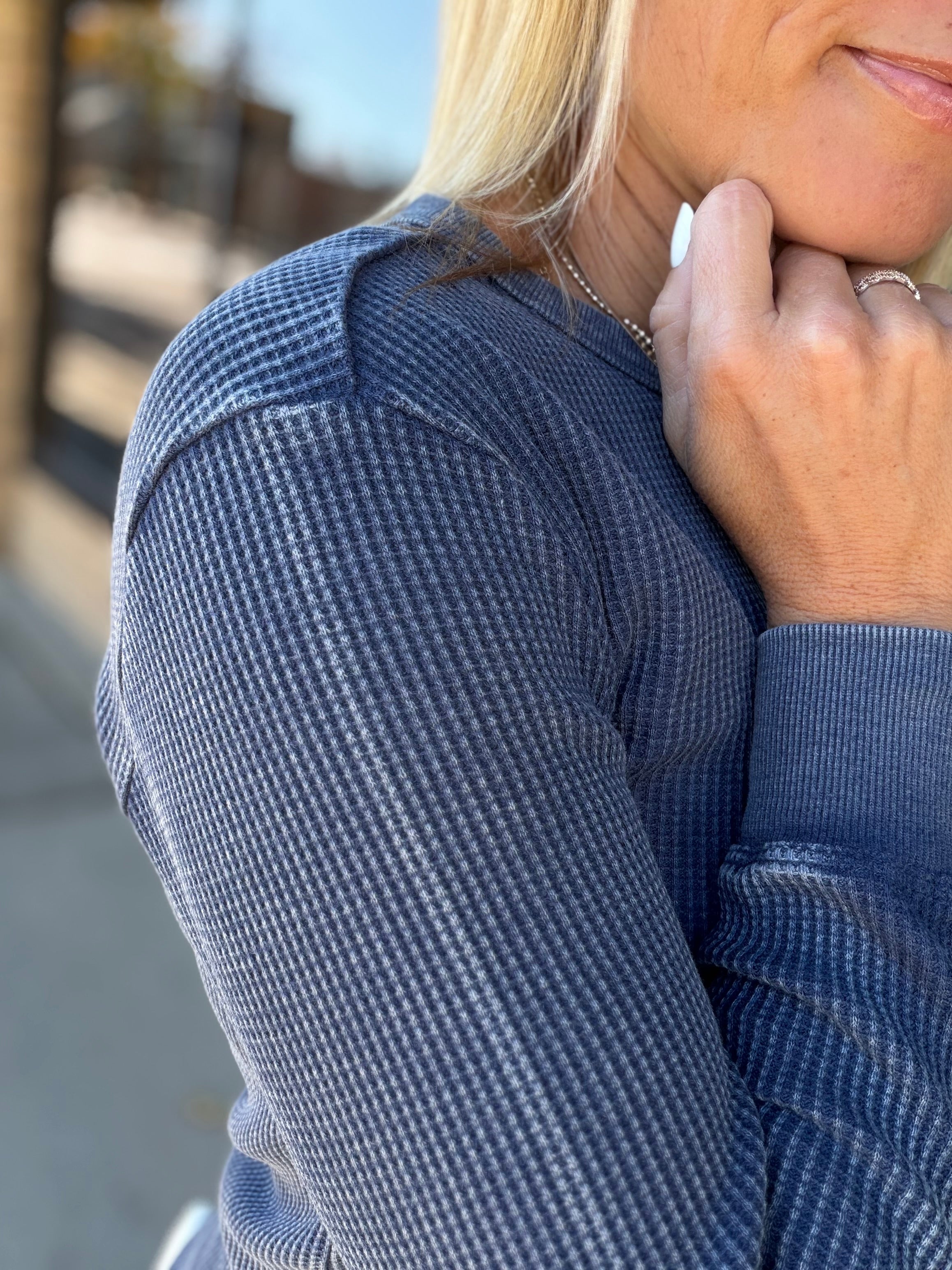 Navy Fayston Waffle Crew Tops- Long Sleeve FLAG AND ANTHEM