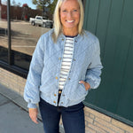 Light Denim Blue Quilted Bomber Jacket Outerwear- Jackets Mystree