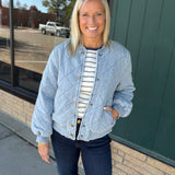 Light Denim Blue Quilted Bomber Jacket Outerwear- Jackets Mystree