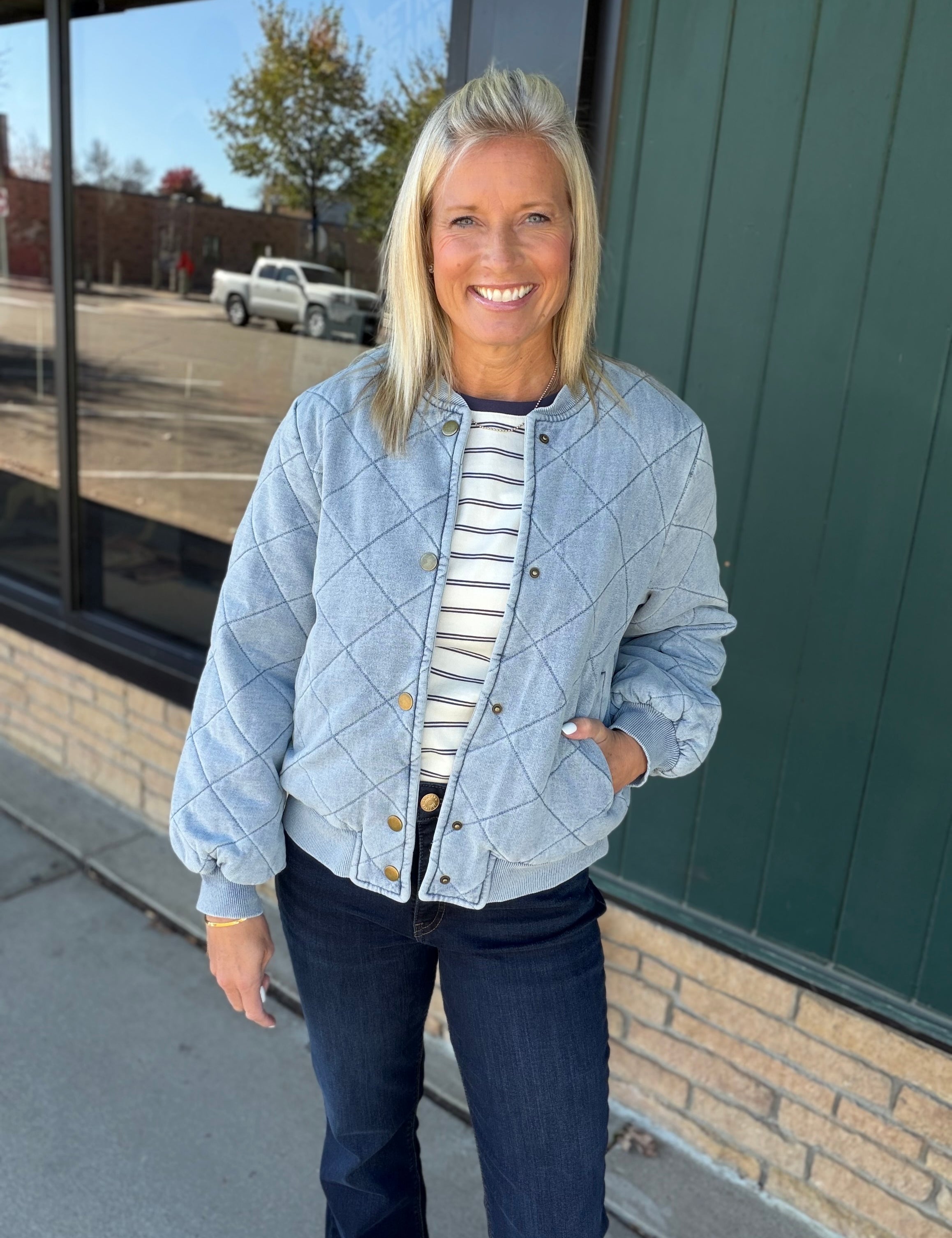 Light Denim Blue Quilted Bomber Jacket Outerwear- Jackets Mystree