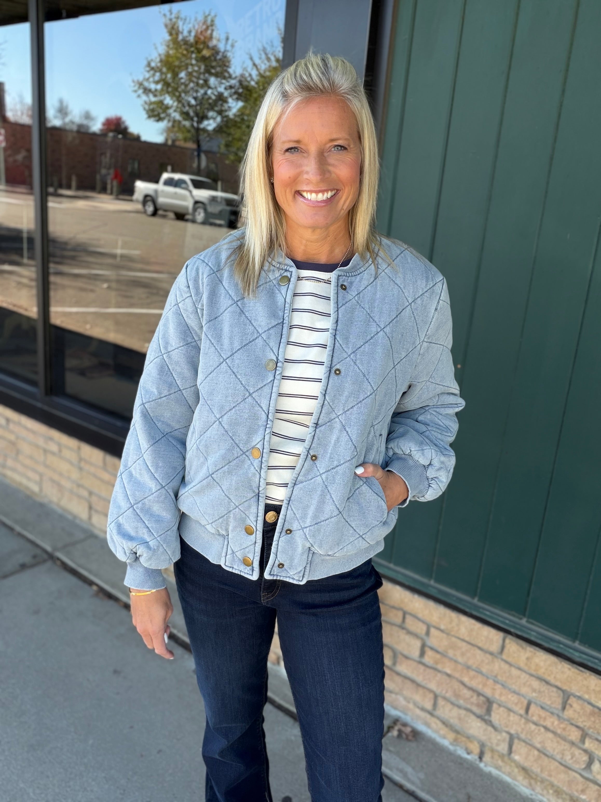 Light Denim Blue Quilted Bomber Jacket Outerwear- Jackets Mystree