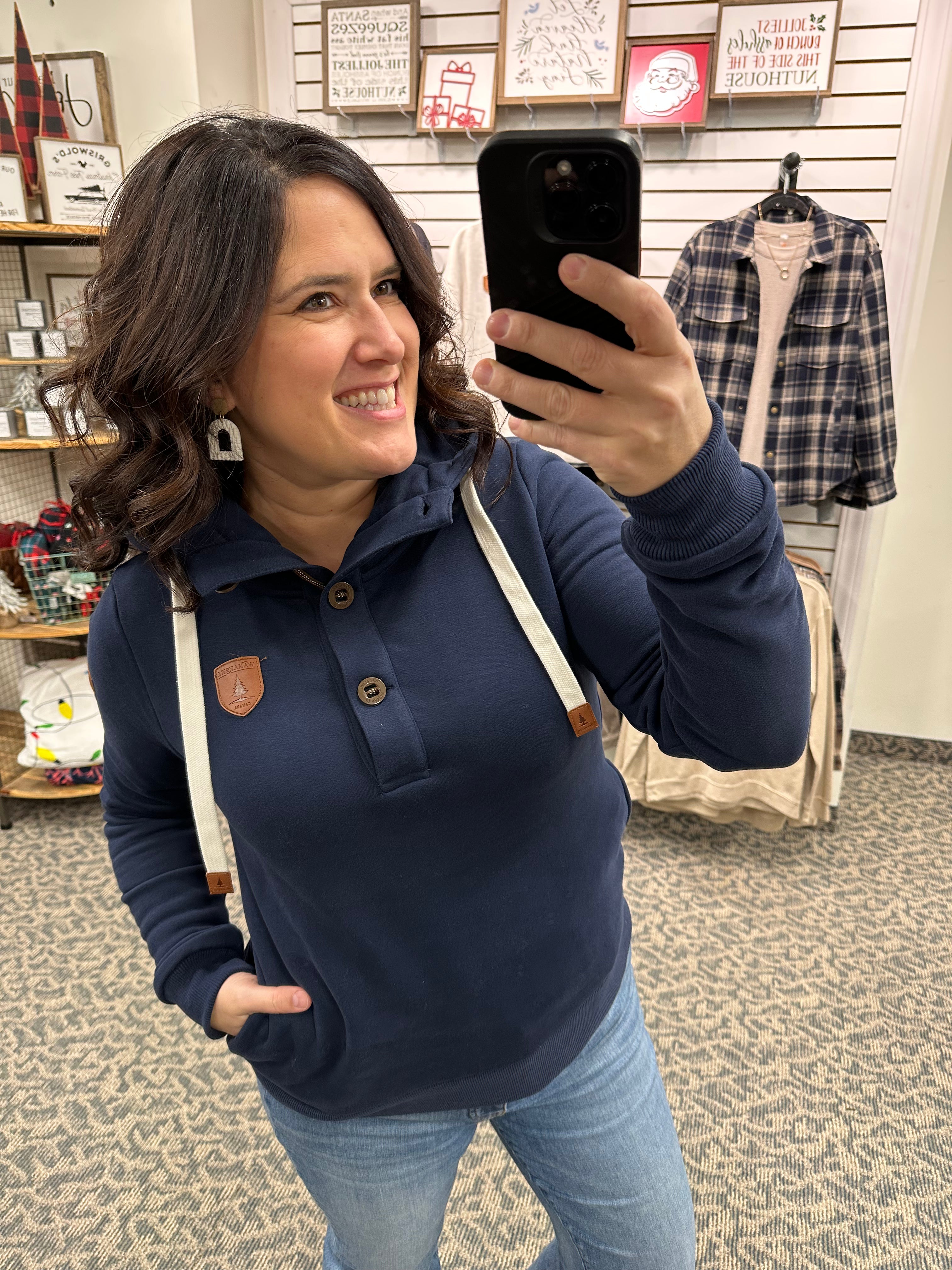 Jas Oxford Blue Button Neck Tops- Sweatshirt WANAKOME