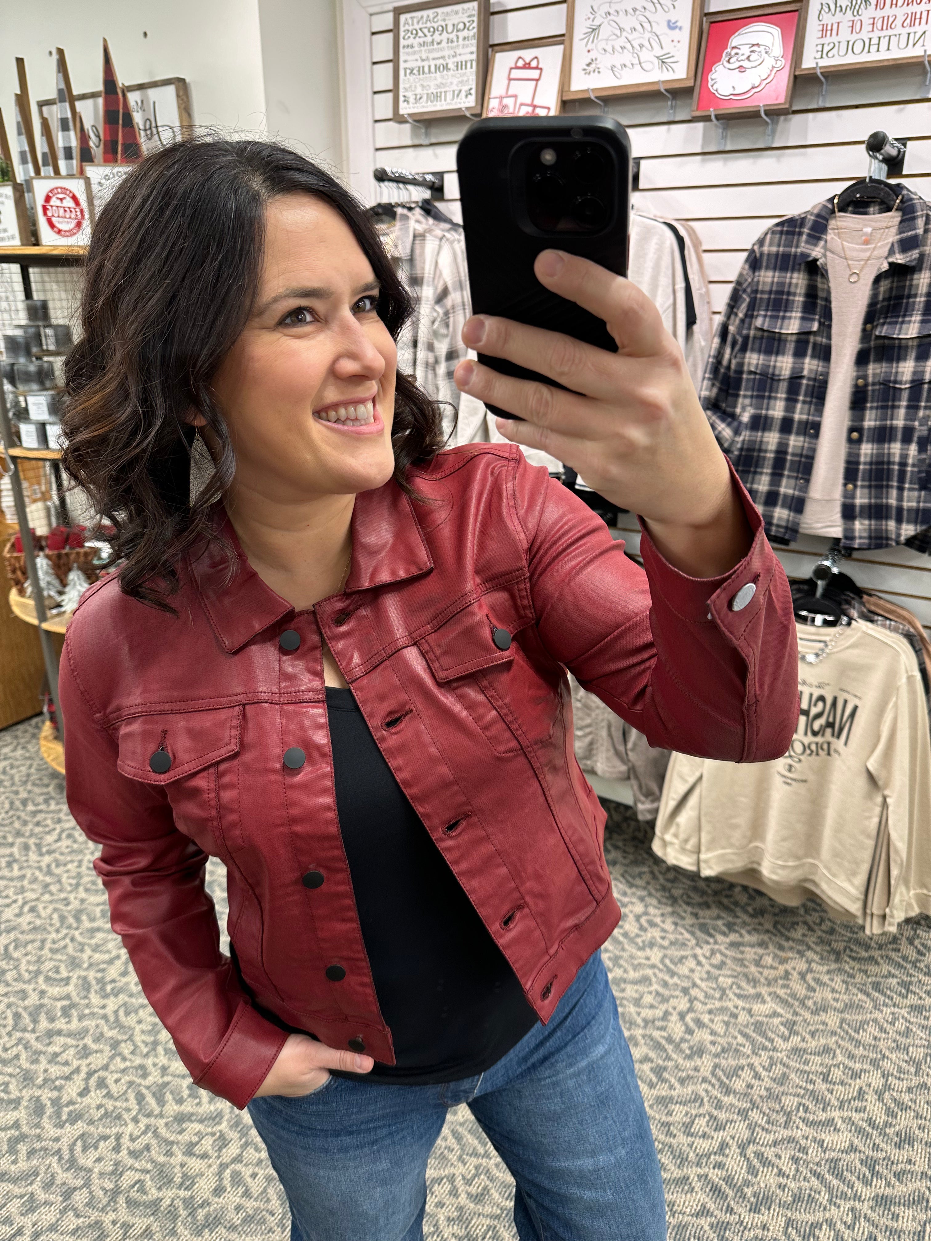 Red Faux Leather Julia Jacket Outerwear- Jackets KUT FROM THE KLOTH