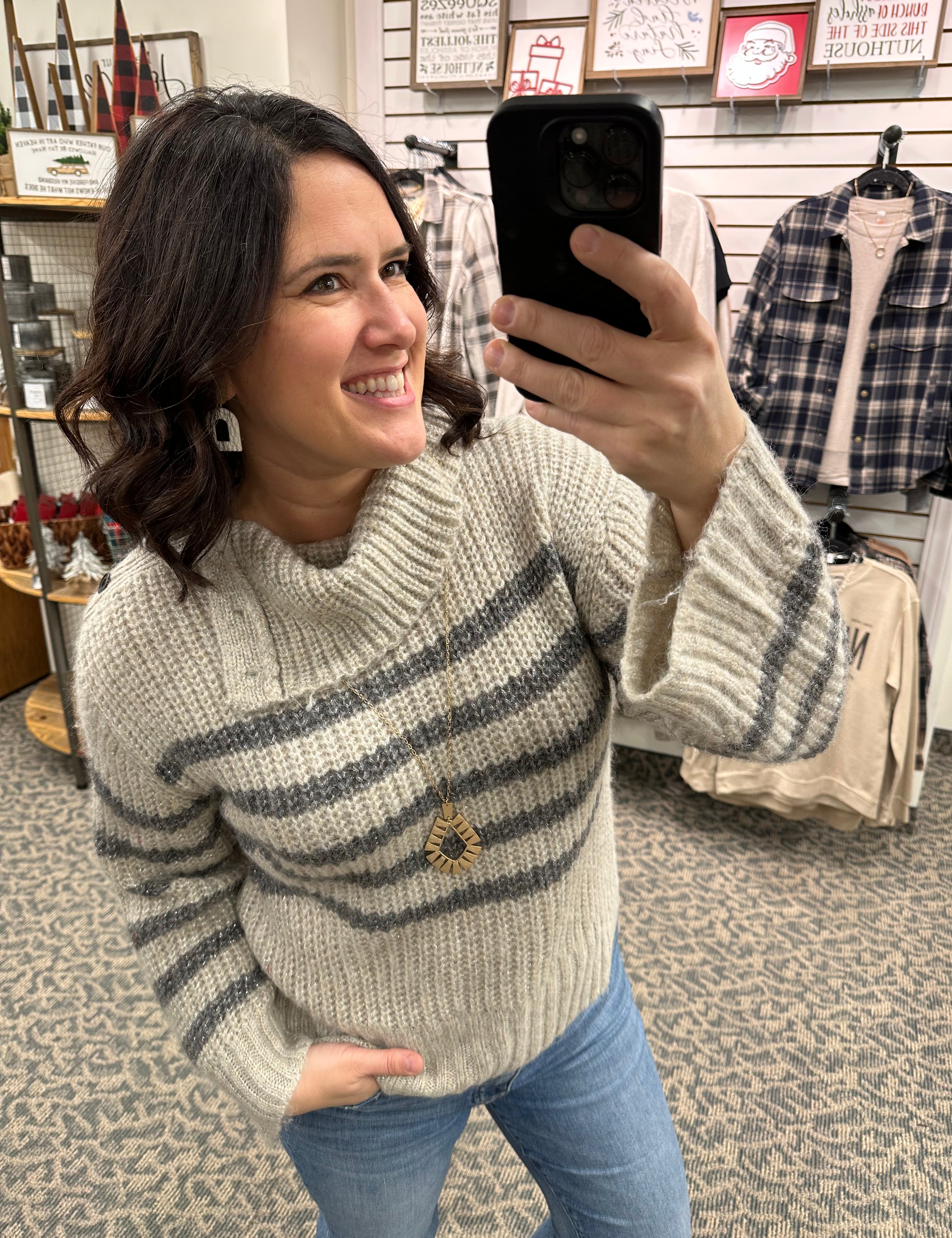 Stone Buttoned Turtleneck Sweater Top - Sweater Mystree