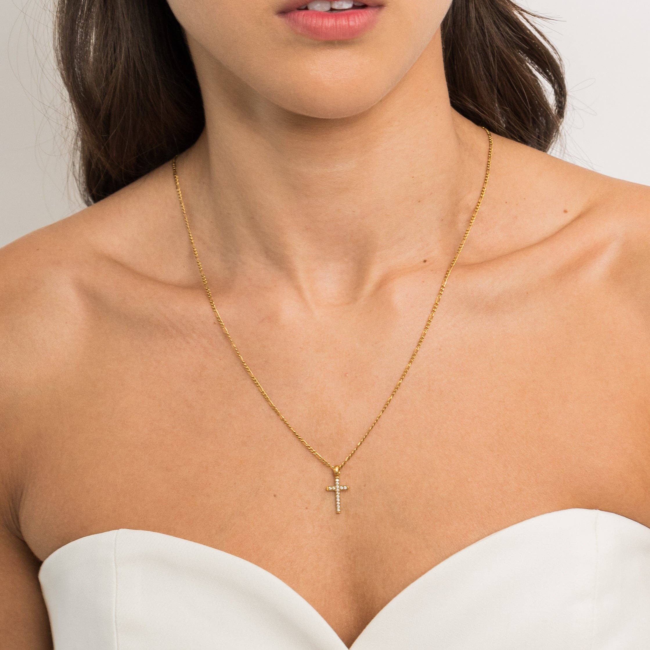 Waterproof Gold Diamond Cross Necklace Jewelry- Necklace Brenda Grands Jewelry