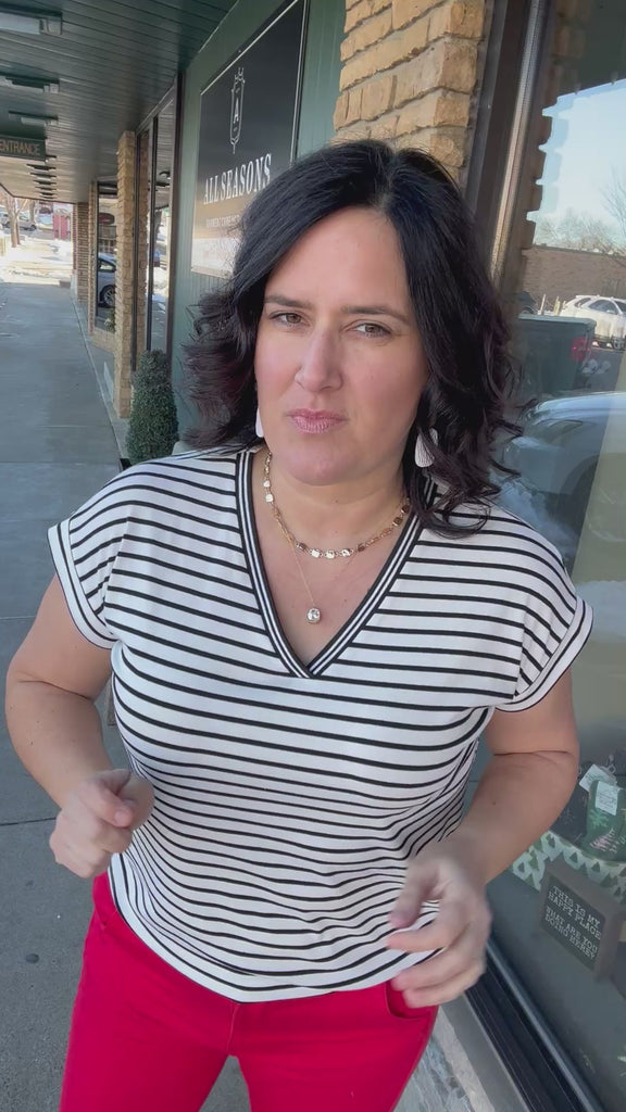 Ivory/Black Varsity Taped V Neck Top Top - Tee STACCATO