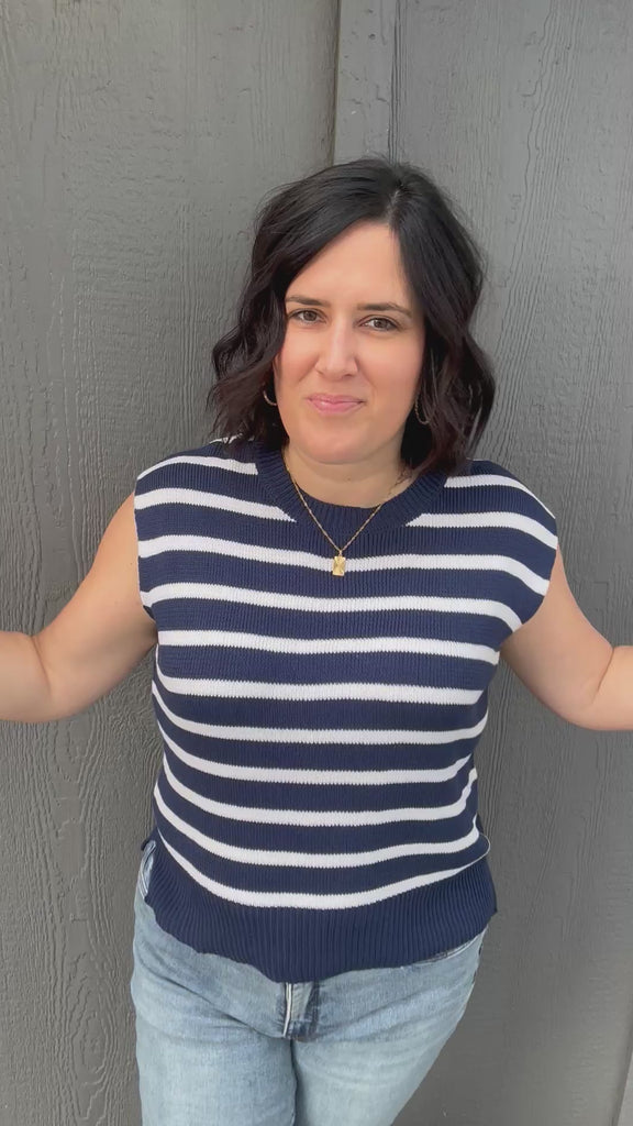 Navy Striped Crew Neck Sleeveless Sweater Top - Sweater STACCATO