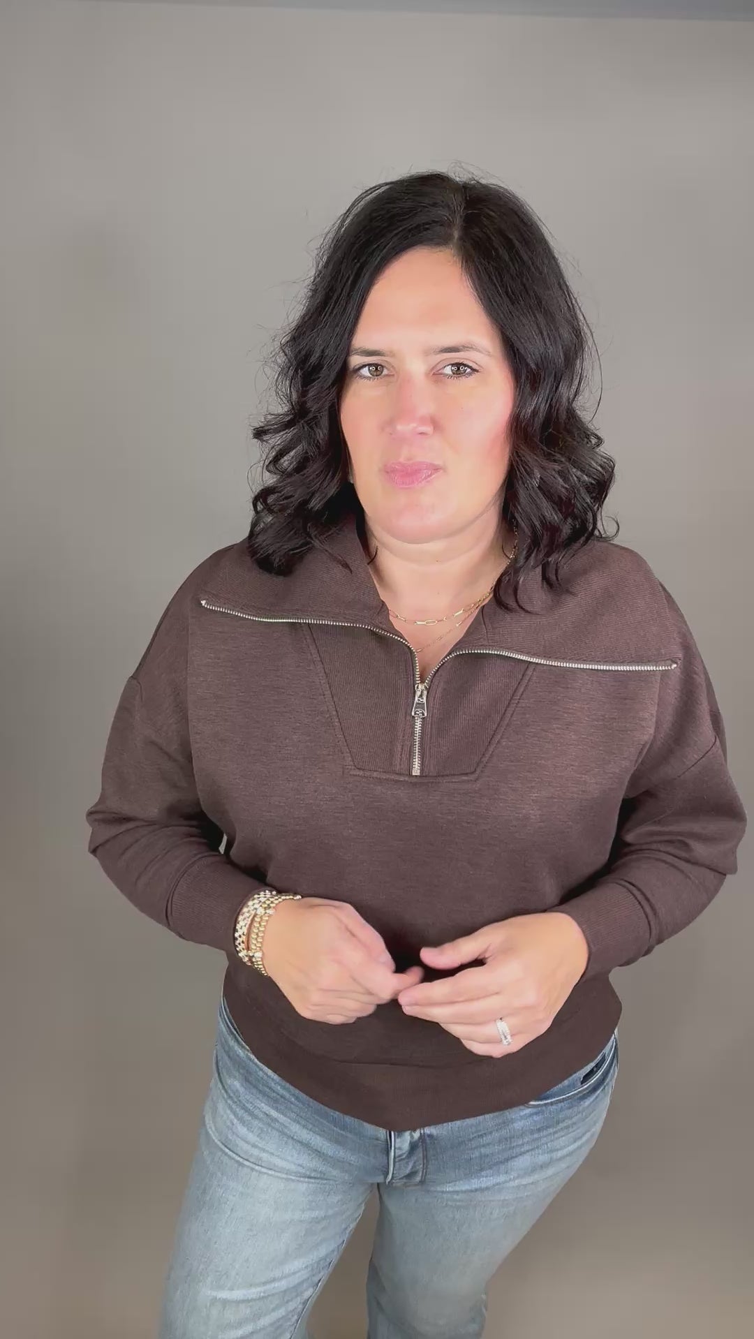 Umber Mel Luxe Half Zip Pullover Top - Sweatshirt RD International