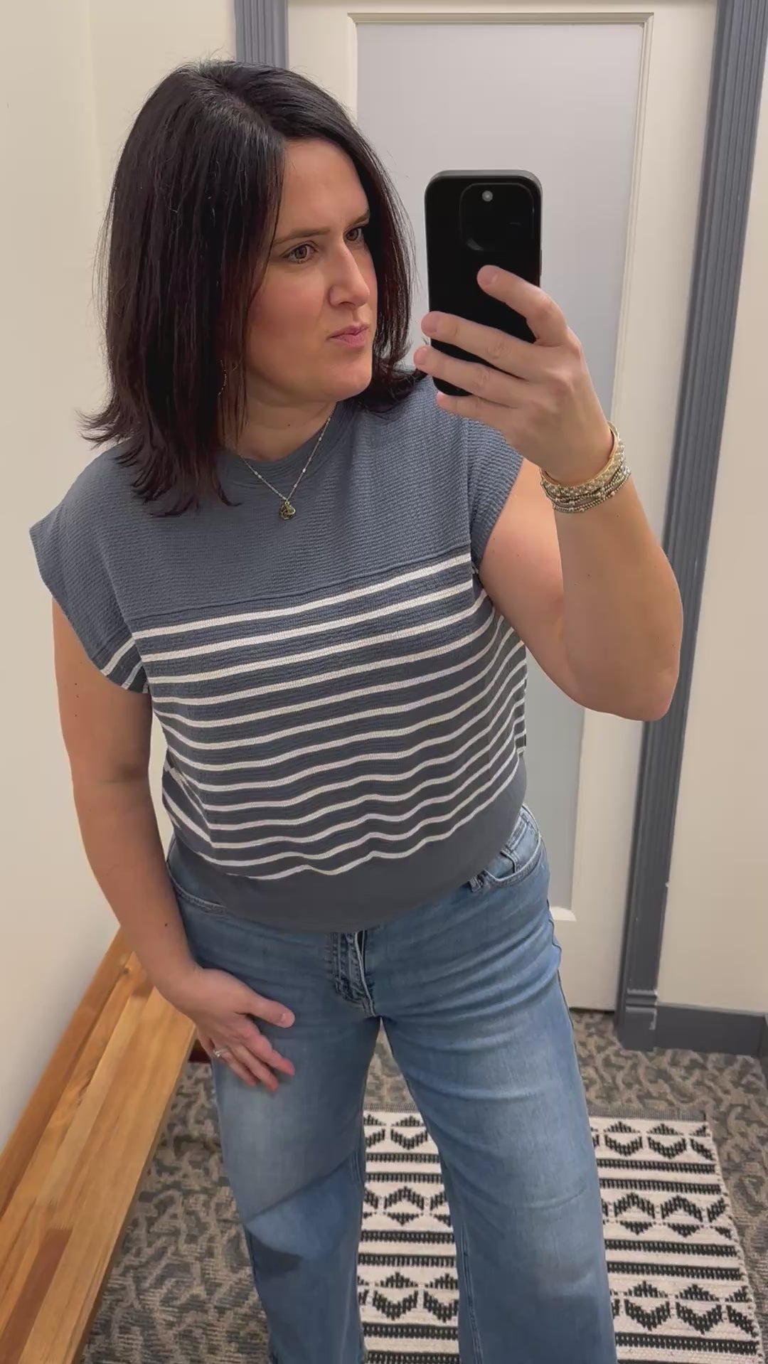 Denim Short Sleeve Cloudy Knit Stripe Top Top - Tee TRES BIEN