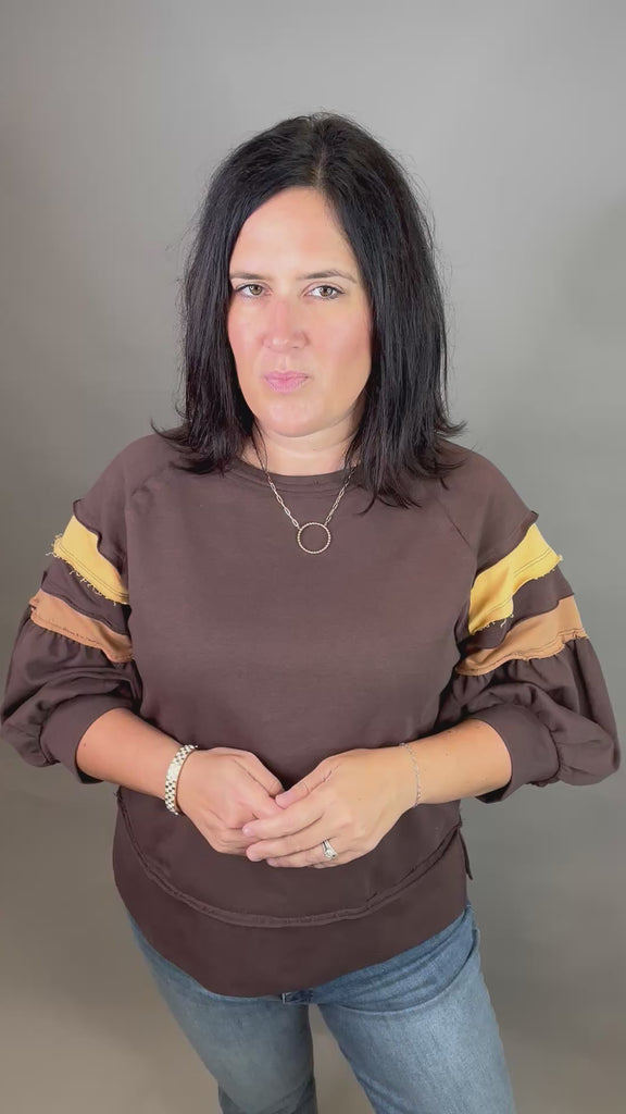 Brown Puff Striped Sleeve Top Top - Sweatshirt JODIFL