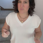 Ivory Waffle Knit V Neck Top - Tee ANDREE