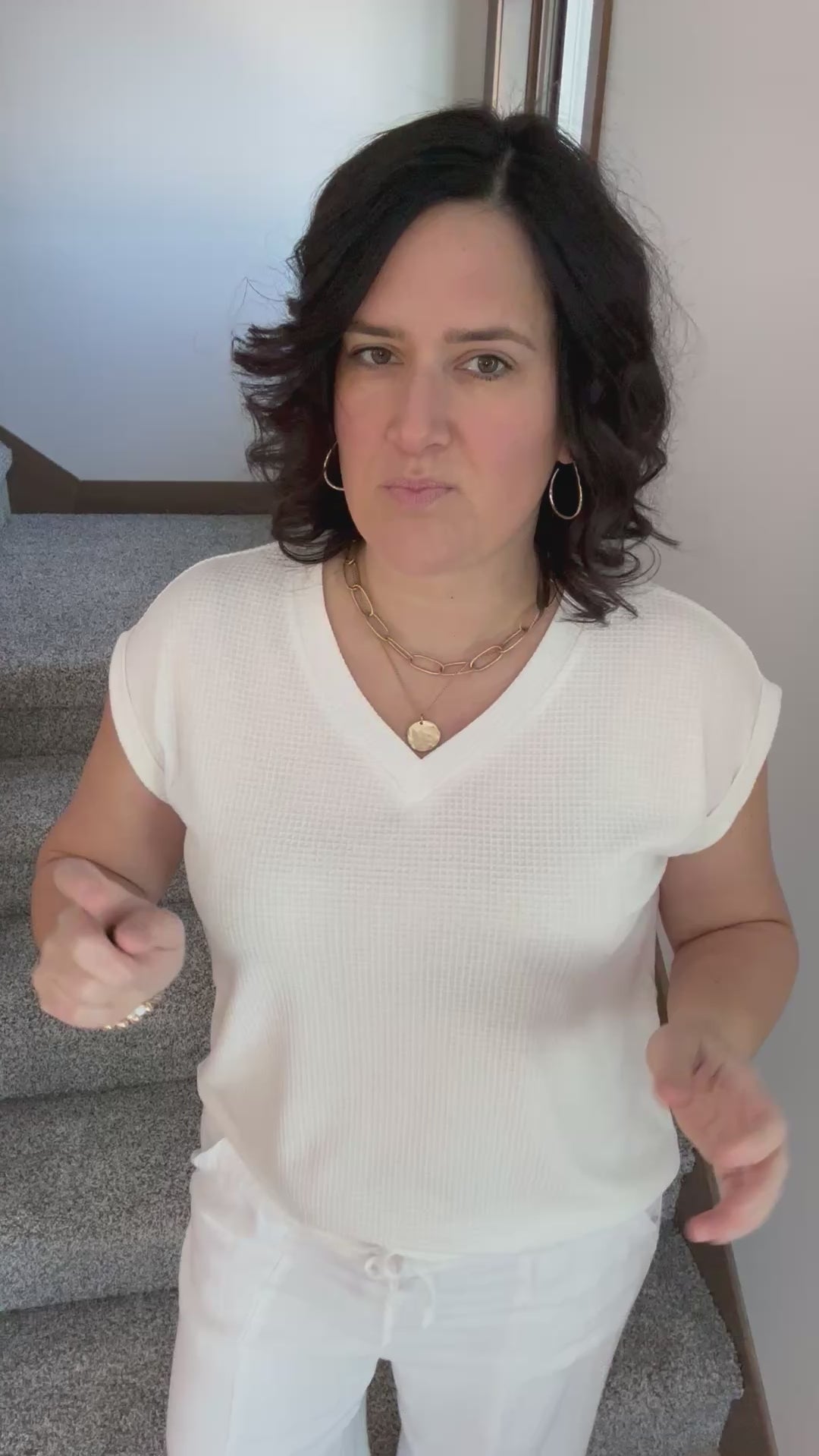 Ivory Waffle Knit V Neck Top - Tee ANDREE