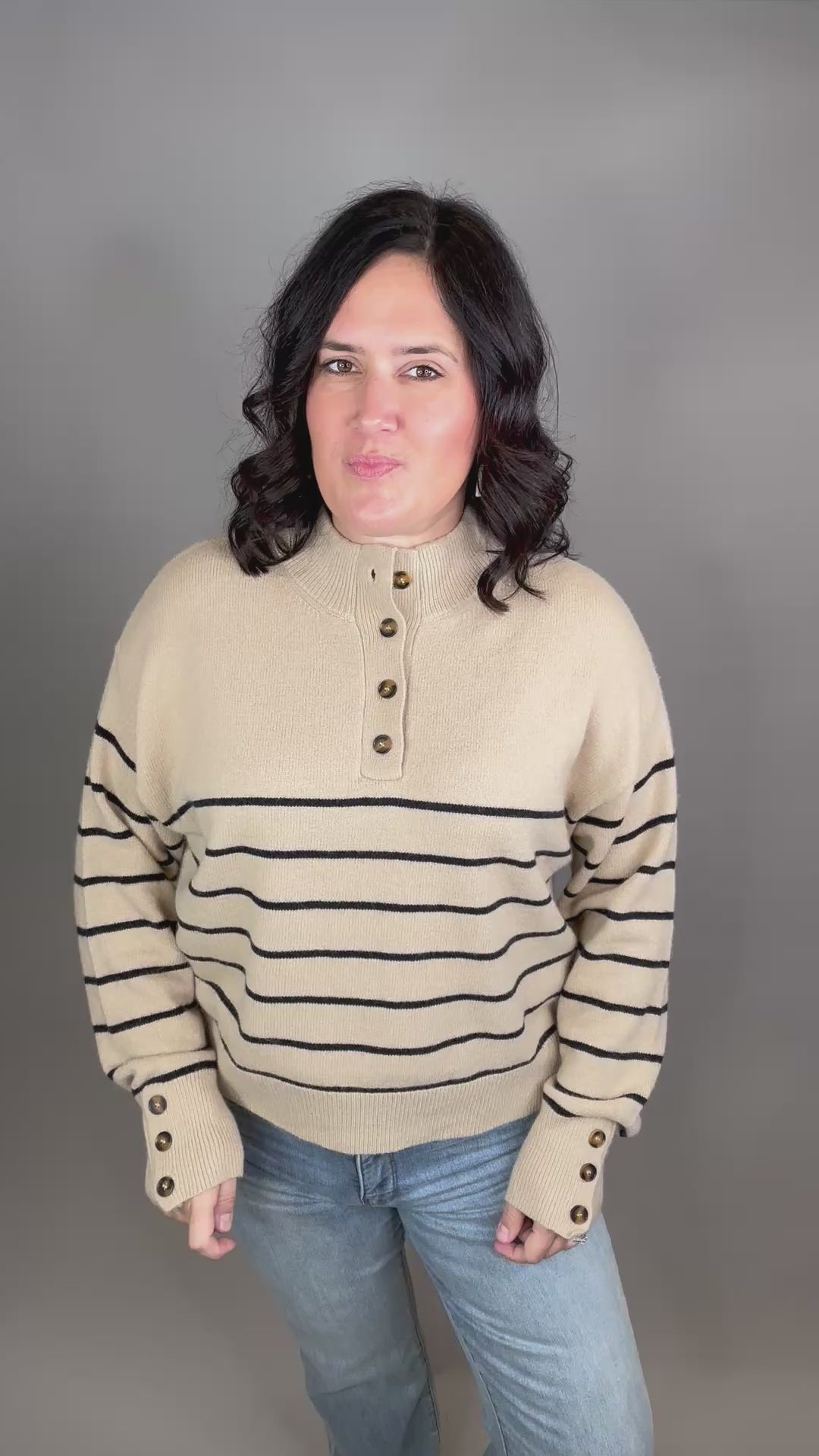 Mocha Striped Half Button Sweater Top - Sweater MIOU MUSE