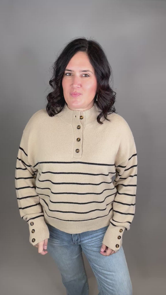 Mocha Striped Half Button Sweater Top - Sweater MIOU MUSE