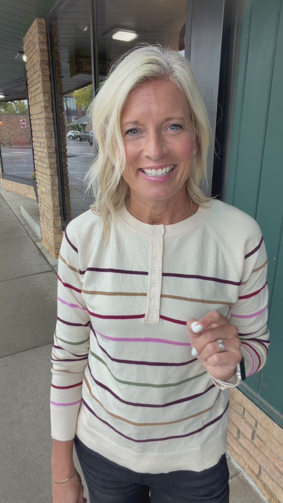 Oatmeal Pink Multi Stripe Raglan Pullover Top - Sweater STACCATO