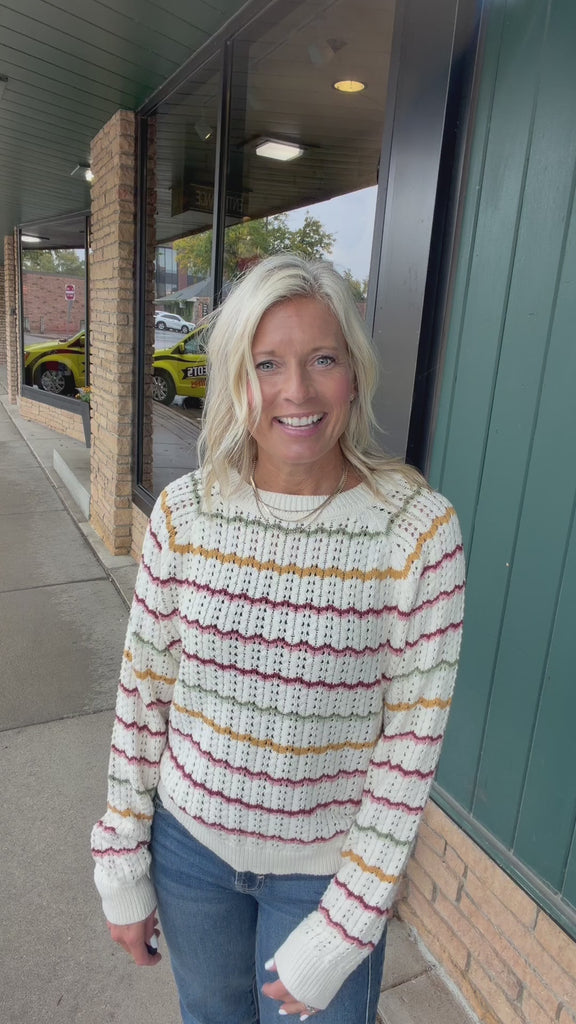 Cream Multi Crochet Scallop Stripe Sweater Top - Sweater IN FEBRUARY