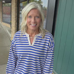 Blue Oatmeal Notch Neck LS Stripe Top Top - Sweatshirt STACCATO