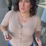 Taupe Pointelle Short-Sleeve Cardigan Top - Sweater DOE & RAE