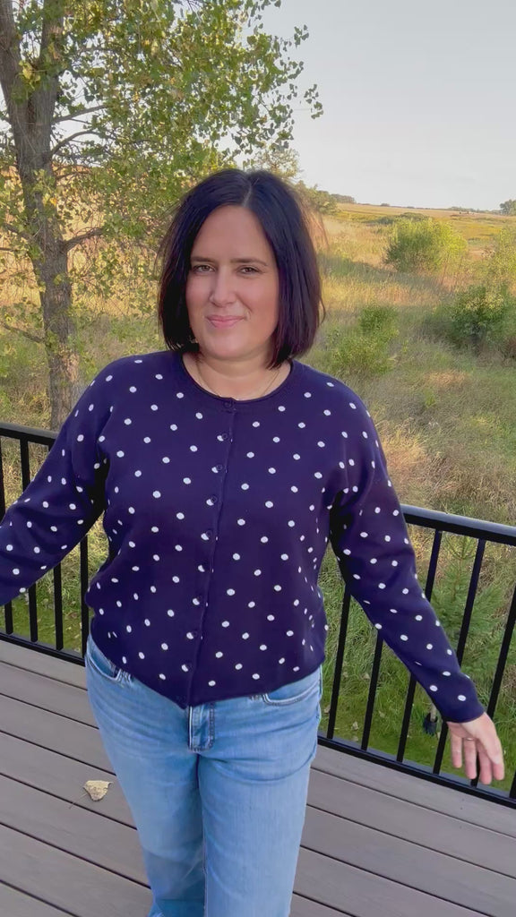 Navy Polka Dot Button Front Cardigan Tops- Cardigans Pologram