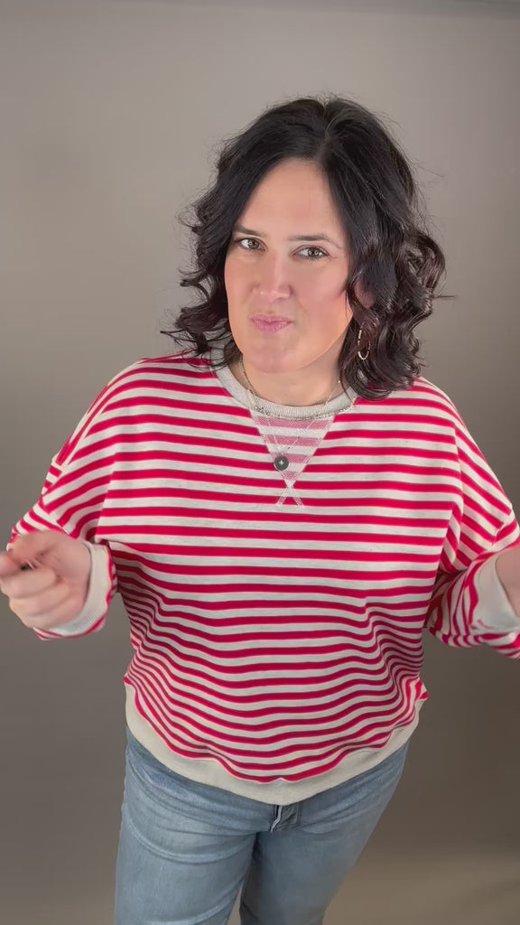 Red/Grey Striped Pullover Top- Sweatshirt MIOU MUSE