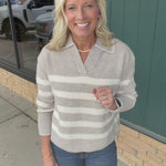 Striped Stitch Detail Collar Sweater Top - Sweater Mable