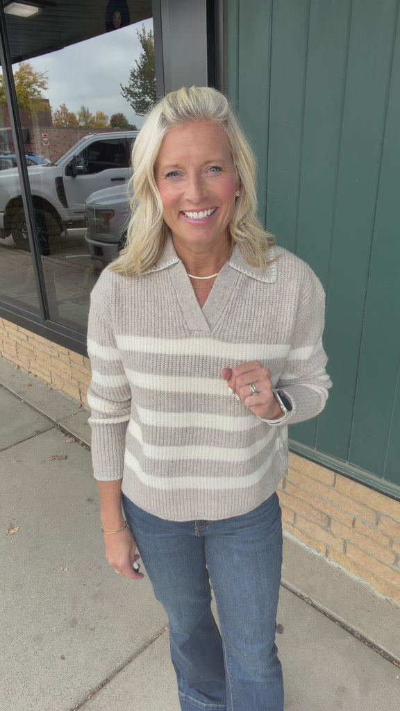 Striped Stitch Detail Collar Sweater Top - Sweater Mable