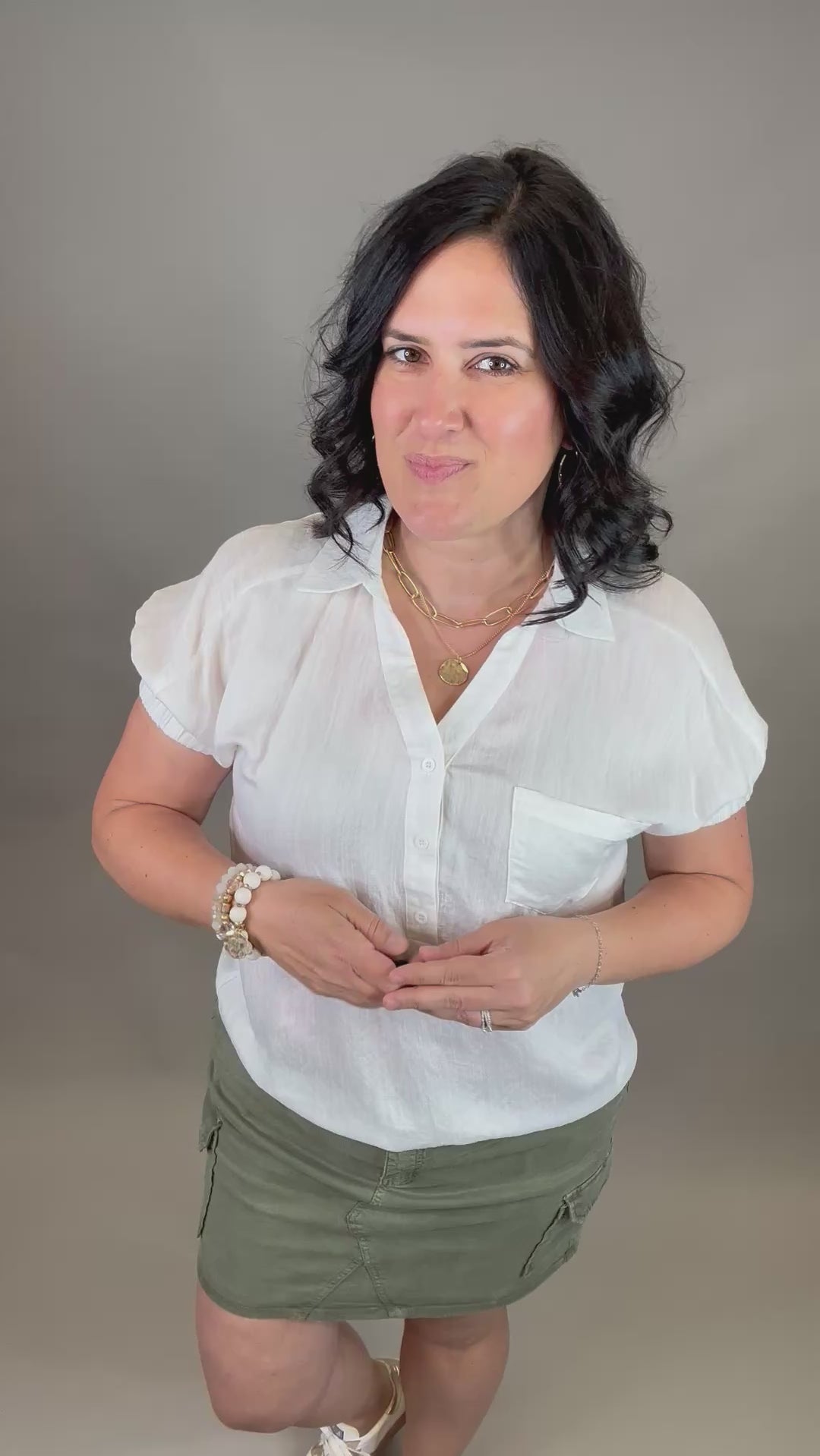 White Collared V Neck Crinkle Blouse Top - Sweater STACCATO