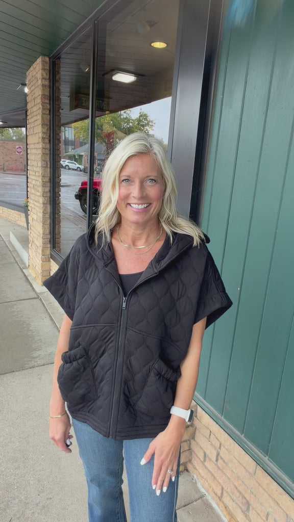 Black Oversized Quilted Zip Hoodie Vest Outerwear - Vest RAE MODE
